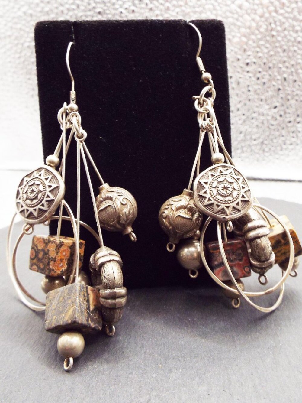 MULTIPLE ENGRAVED STERLING CHARMS W/NATURAL POPPY JASPER CUBES DANGLY EARRINGS M
